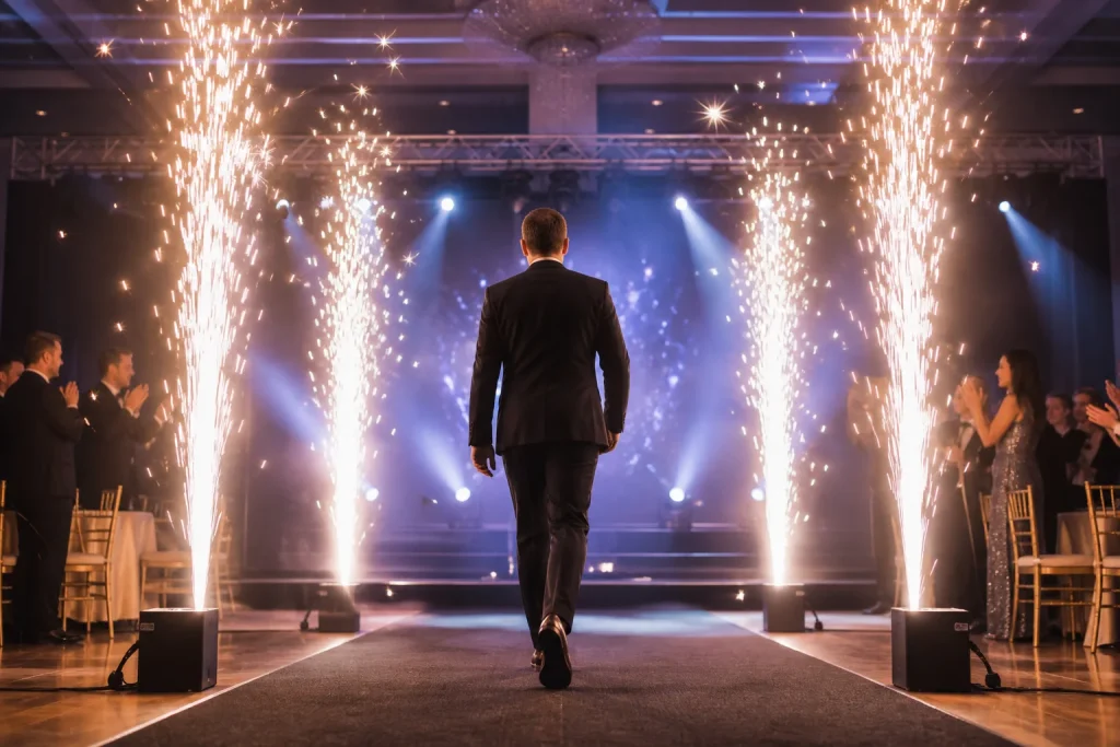 Formal stage entrance framed by symmetrical professional indoor cold-spark fountains