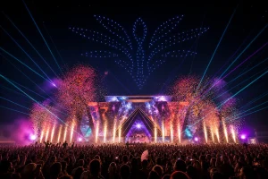 Layered event finale combining projection, drones, lasers, cold sparks, haze, and confetti