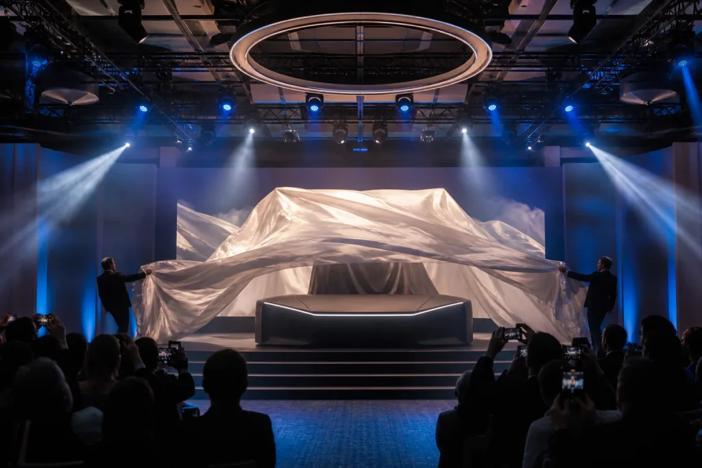 Dramatic fabric product reveal unfolding before a corporate event audience