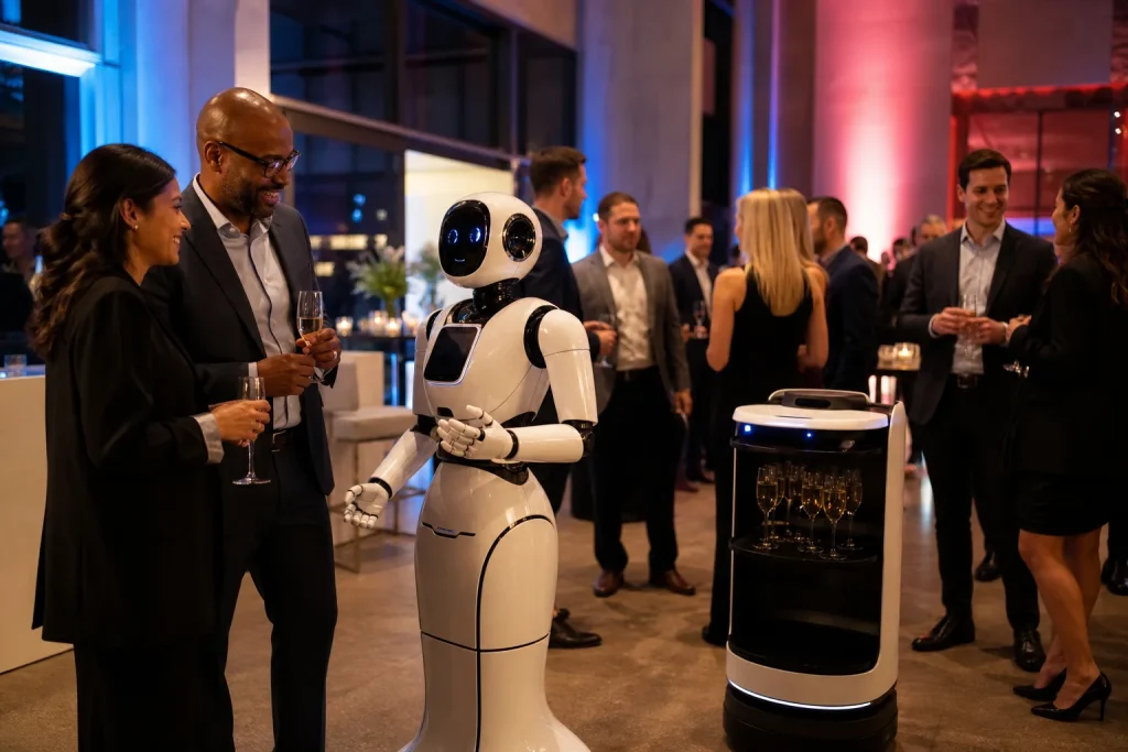 Friendly event robots greeting guests and providing beverage service at a reception