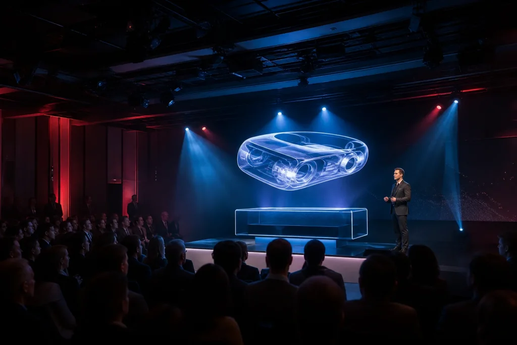 hologram-event-experience - TLC Creative Technology Corporate audience watching a realistic floating hologram product presentation