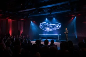 Corporate audience watching a realistic floating hologram product presentation