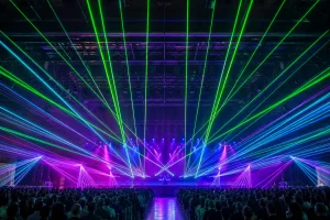 Professional green cyan and magenta laser show above a live event audience