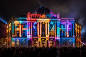 Historic building transformed with precise colorful architectural projection mapping