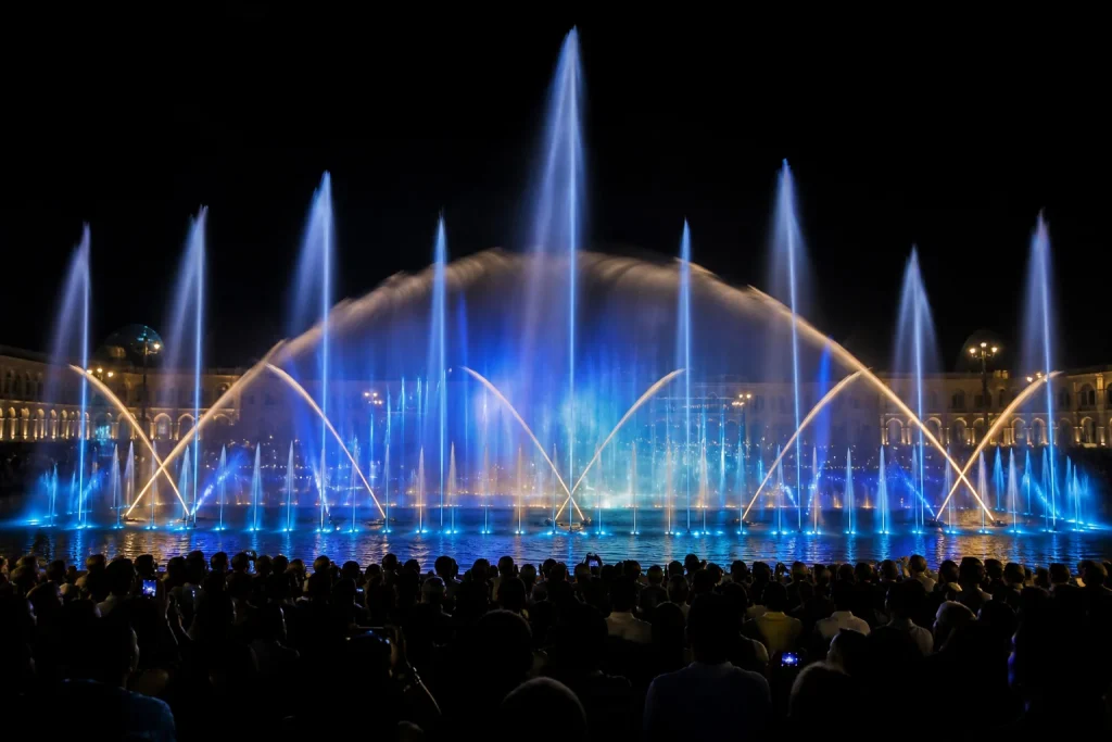Choreographed blue and gold fountain show performing for an evening event audience